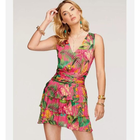 Ramy Brook Printed Wilson Mini Dress Size 2 Floral Tiered Ruffle Silk V Neck NWT - Picture 2 of 16